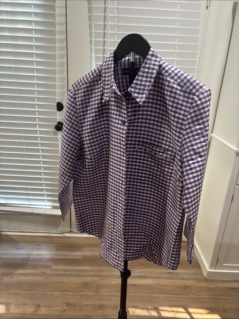 Preston & York Purple and White Gingham Button-Down Shirt 100 Percent Silk.